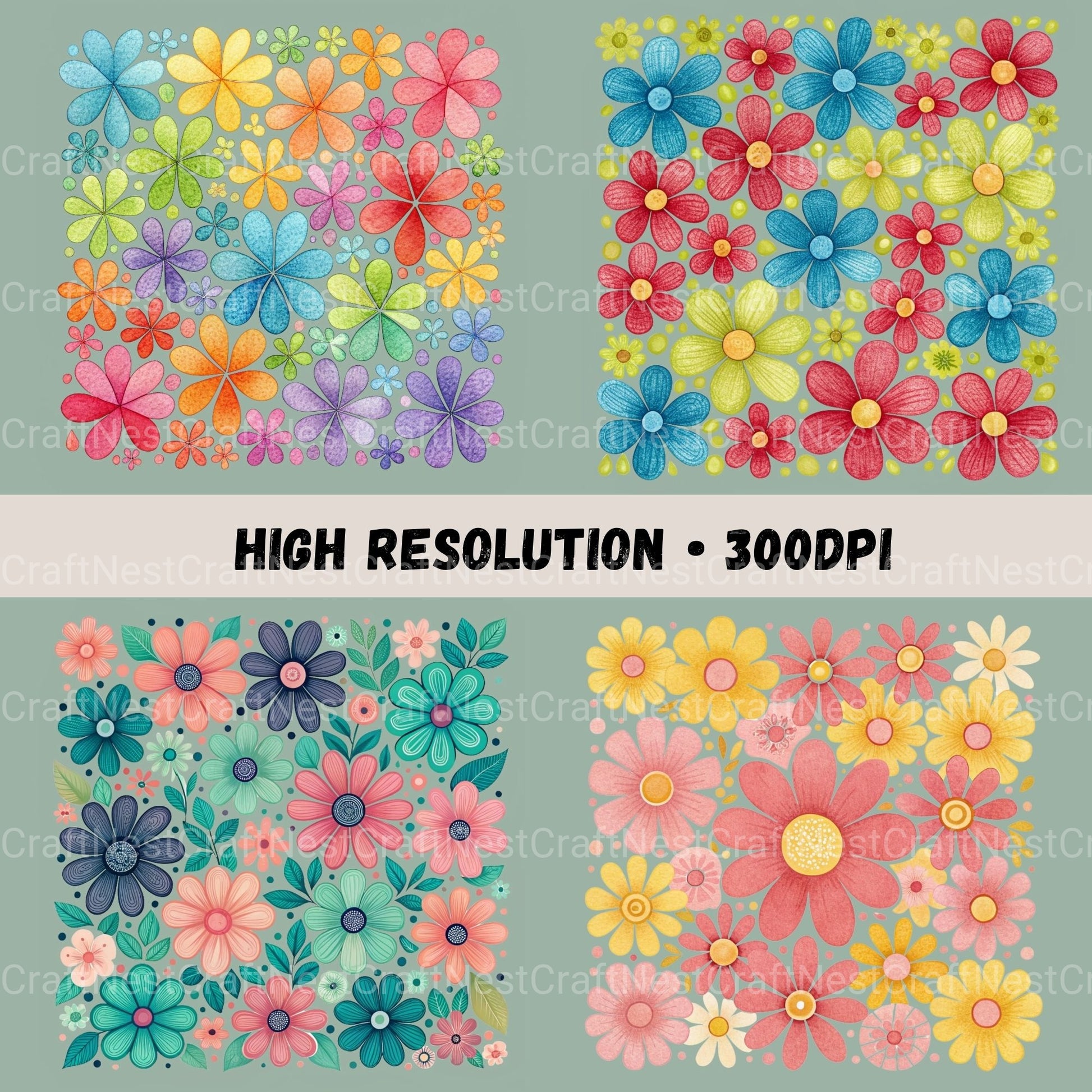 Flowers Square Retro Clipart Bundle - CraftNest - Digital Crafting and Art