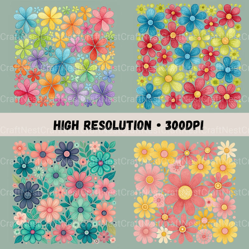 Flowers Square Retro Clipart Bundle - CraftNest - Digital Crafting and Art