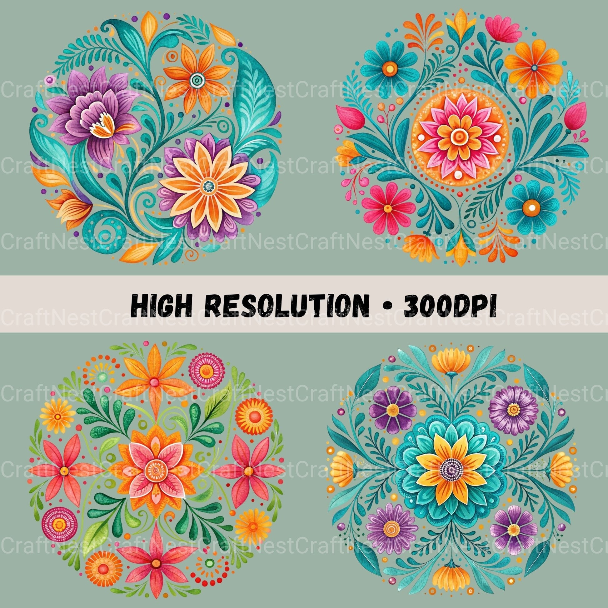 Mexican Flowers Circular Clipart Bundle - CraftNest - Digital Crafting and Art