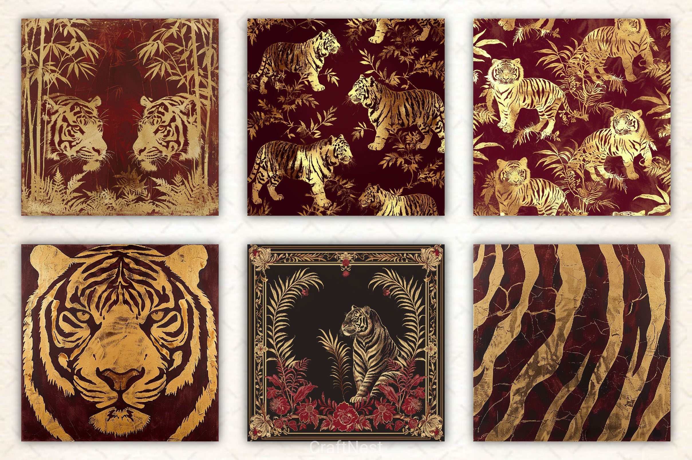 Burgundy And Gold Tiger Digital Paper - CraftNest - Digital Crafting and Art