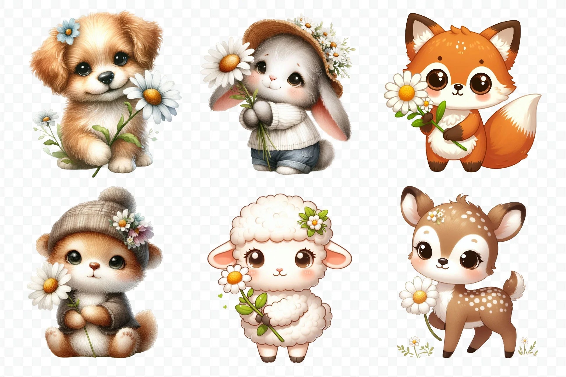 Cute Animals & Daisy Flowers Clipart Bundle 4 - CraftNest - Digital Crafting and Art