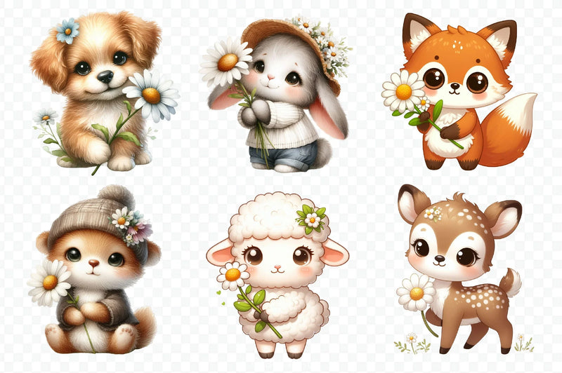 Cute Animals & Daisy Flowers Clipart Bundle 4 - CraftNest - Digital Crafting and Art