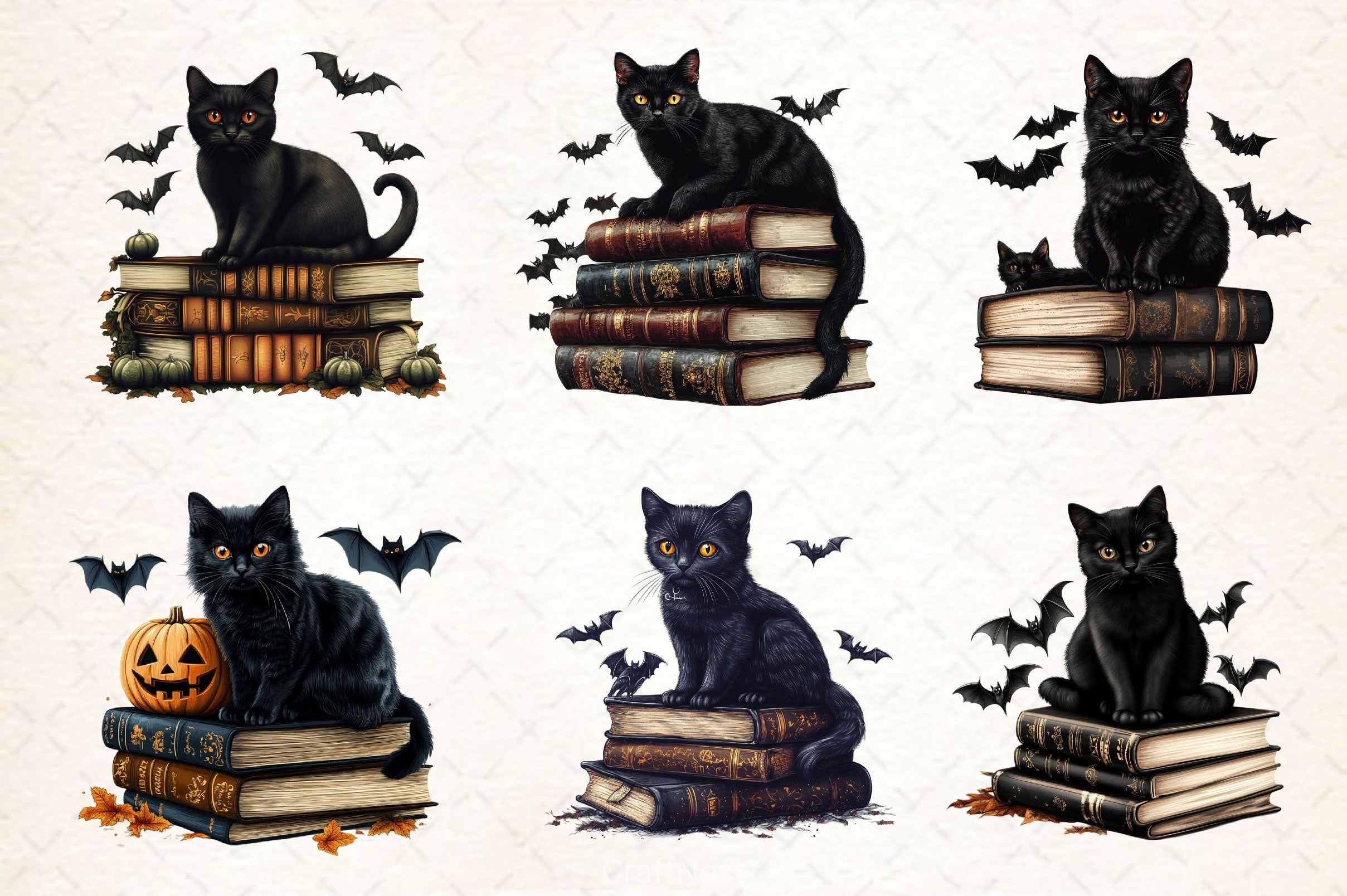 Halloween Black Cat On Books Clipart Bundle 2 - CraftNest - Digital Crafting and Art