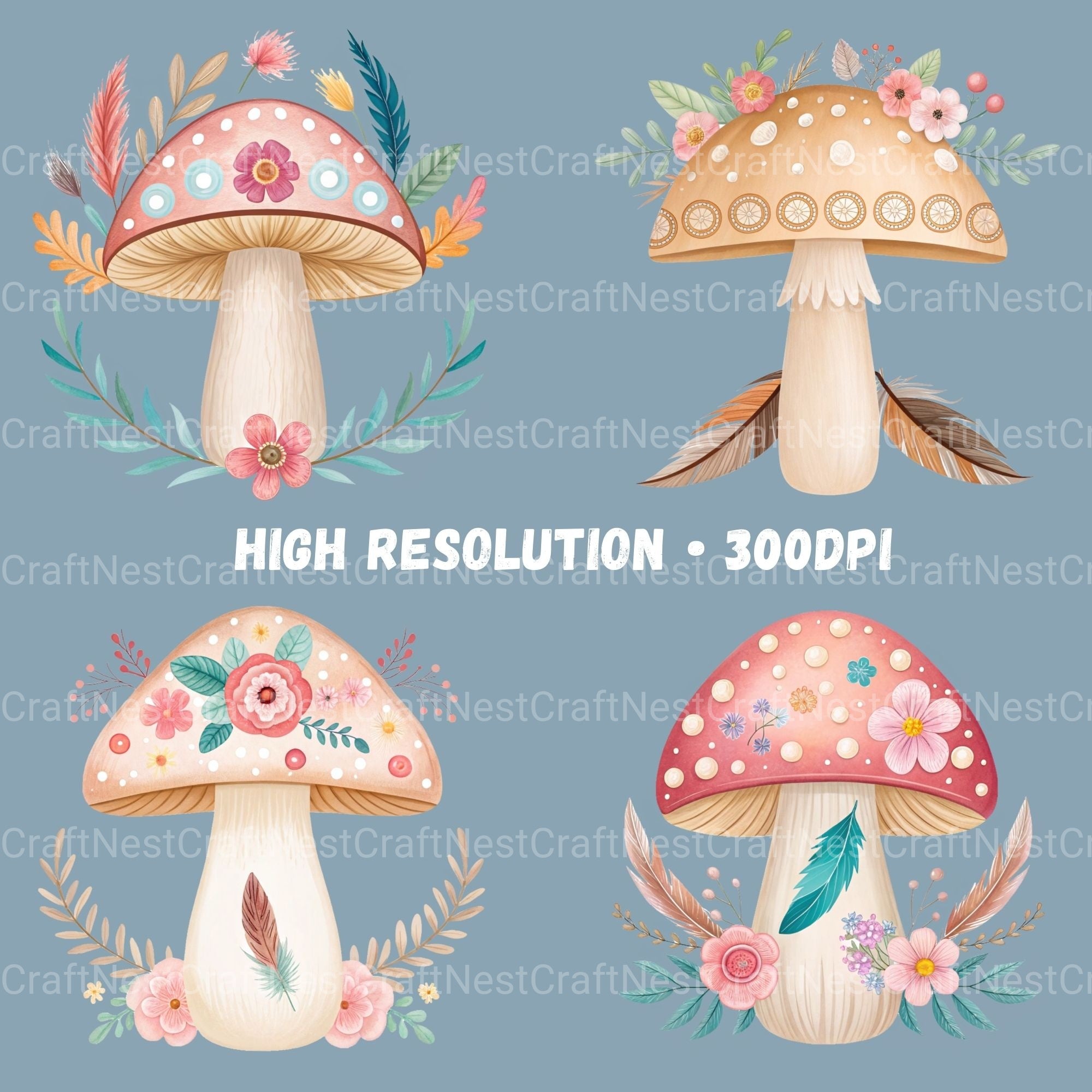 Boho Mushrooms Clipart Bundle - CraftNest - Digital Crafting and Art