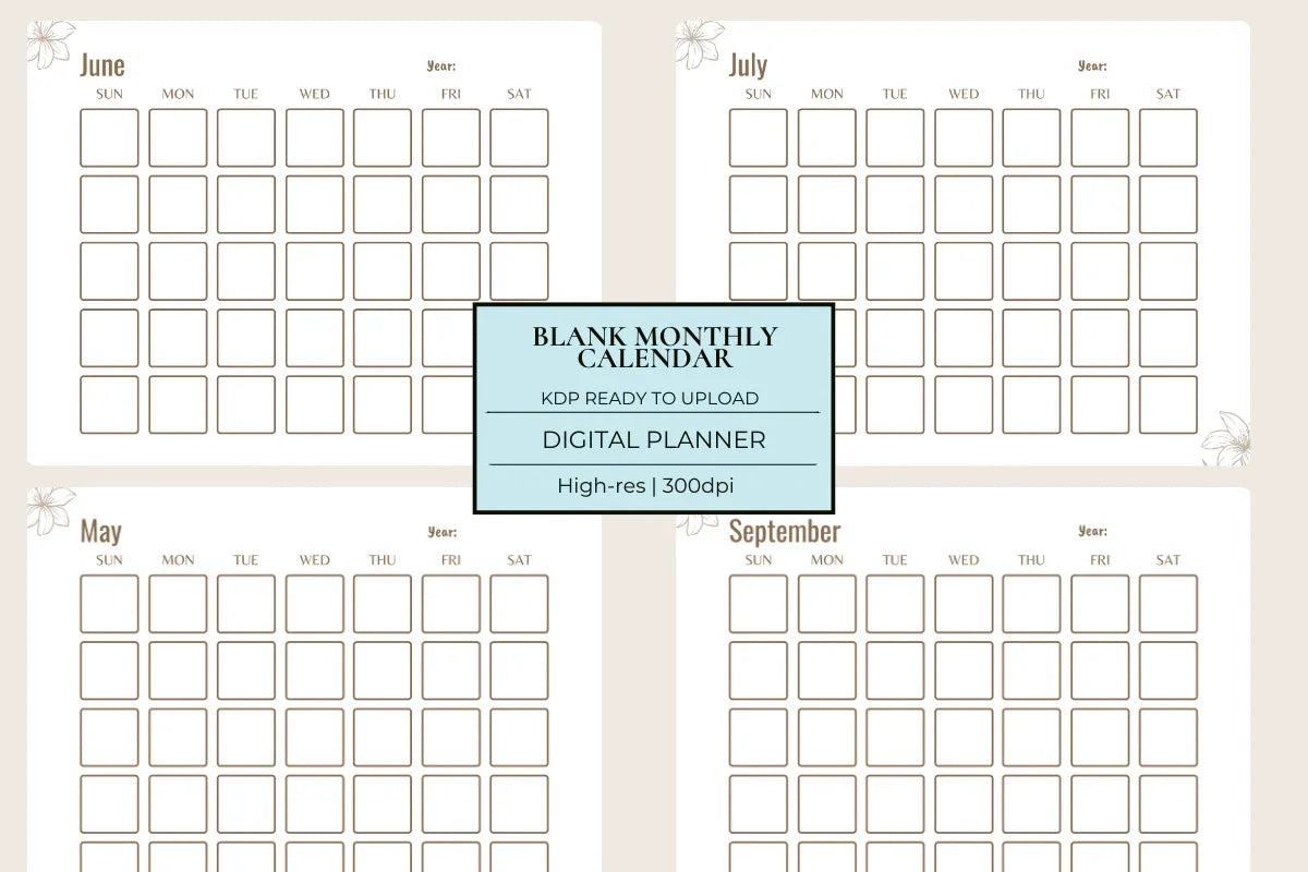 Blank Monthly Calendar KDP Planner - CraftNest - Digital Crafting and Art