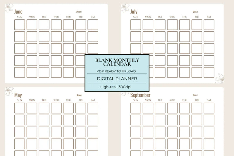 Blank Monthly Calendar KDP Planner - CraftNest - Digital Crafting and Art