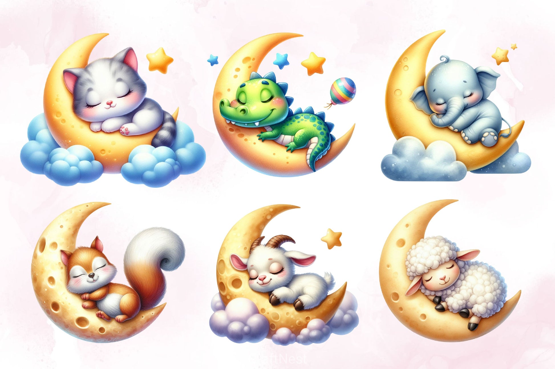 Cute Animals Sleep On Moon Clipart Bundle 2 - CraftNest - Digital Crafting and Art