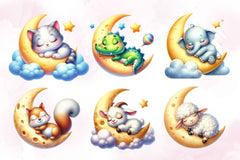 Cute Animals Sleep On Moon Clipart Bundle 2 - CraftNest - Digital Crafting and Art