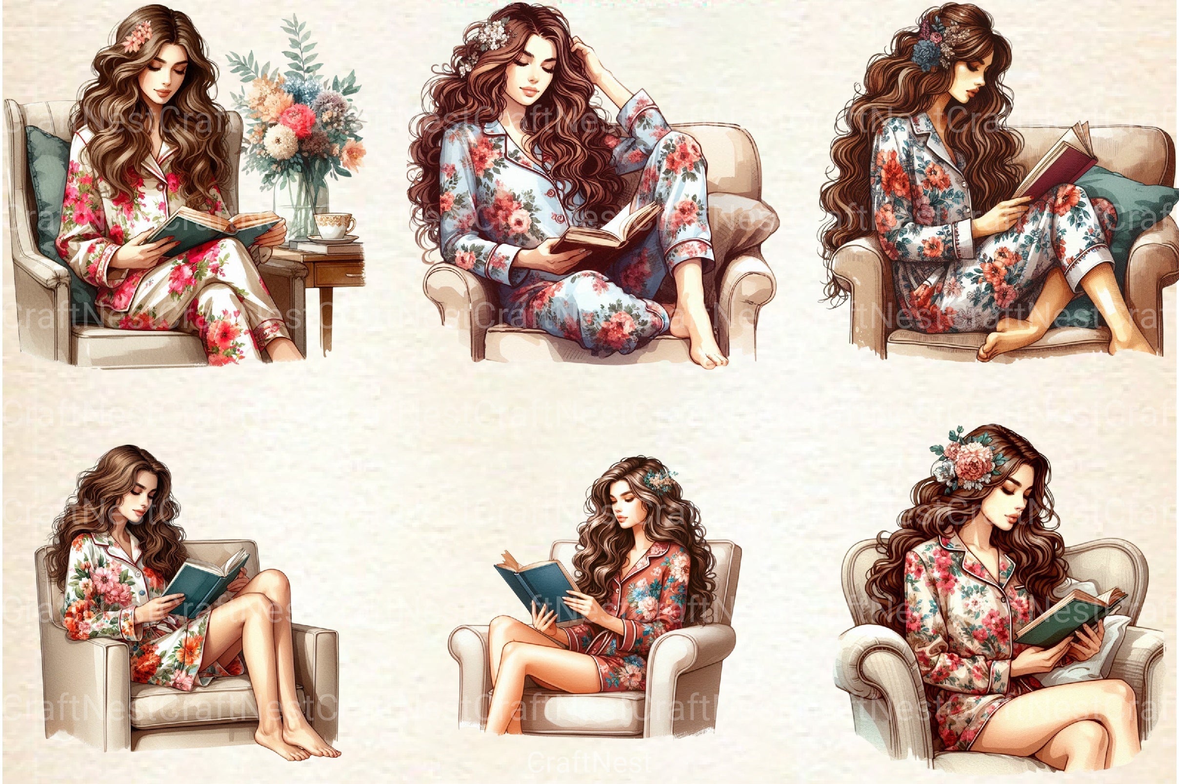 Christmas Winter Woman Reading on Sofa Clipart Bundle - CraftNest - Digital Crafting and Art