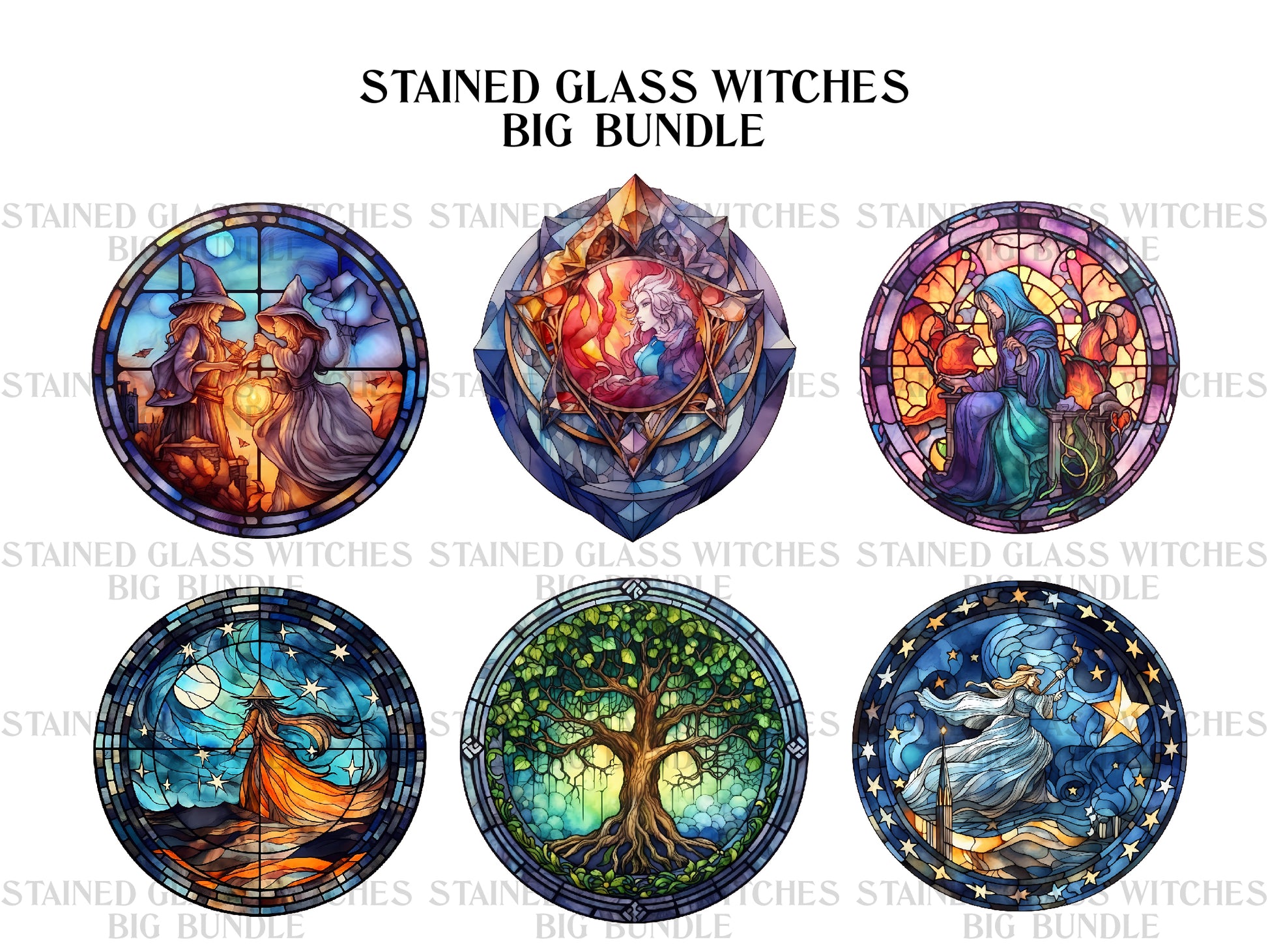 Stained Glass Witches Clipart - CraftNest