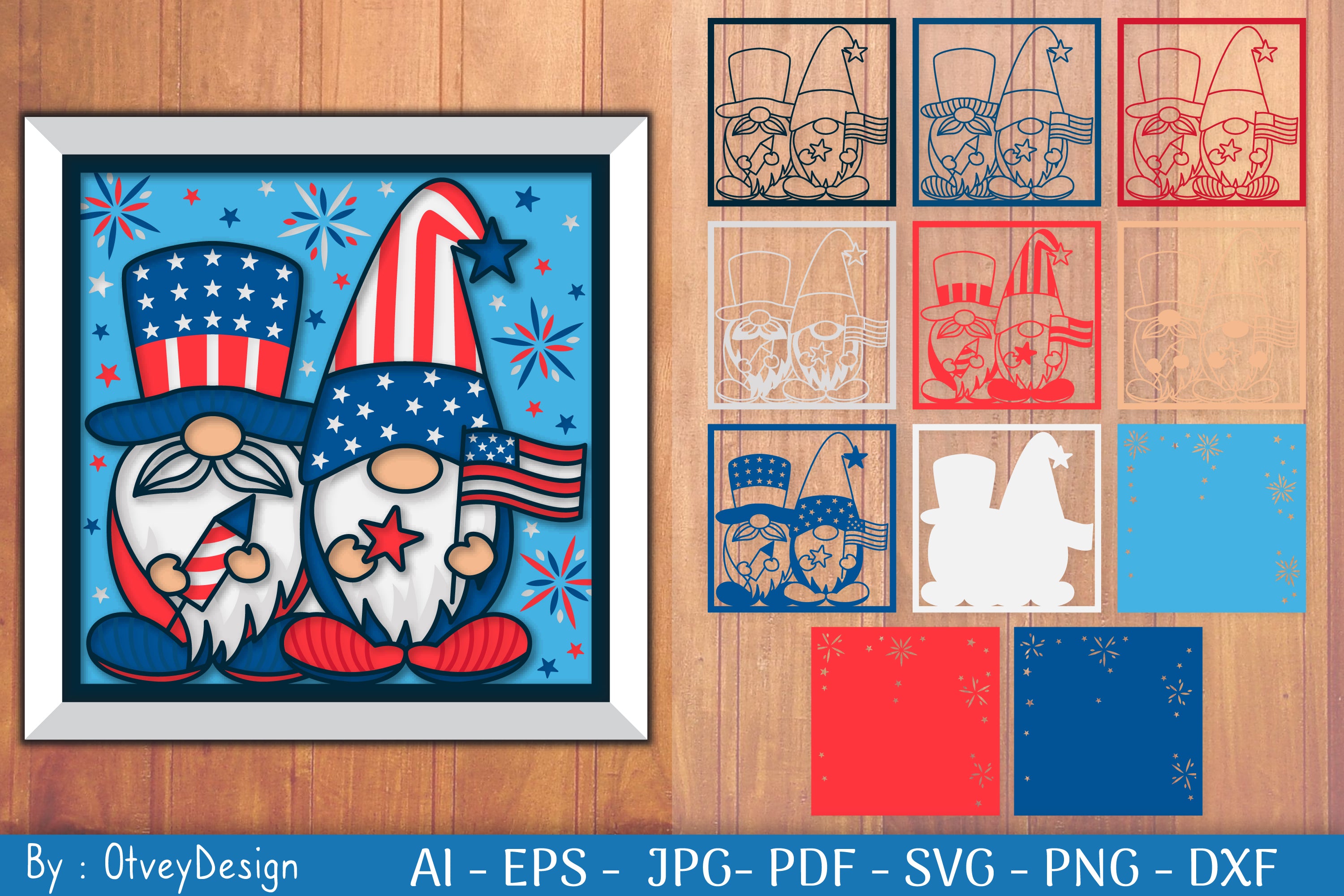 4th of July Patriotic Gnome Shadow Box SVG Bundle