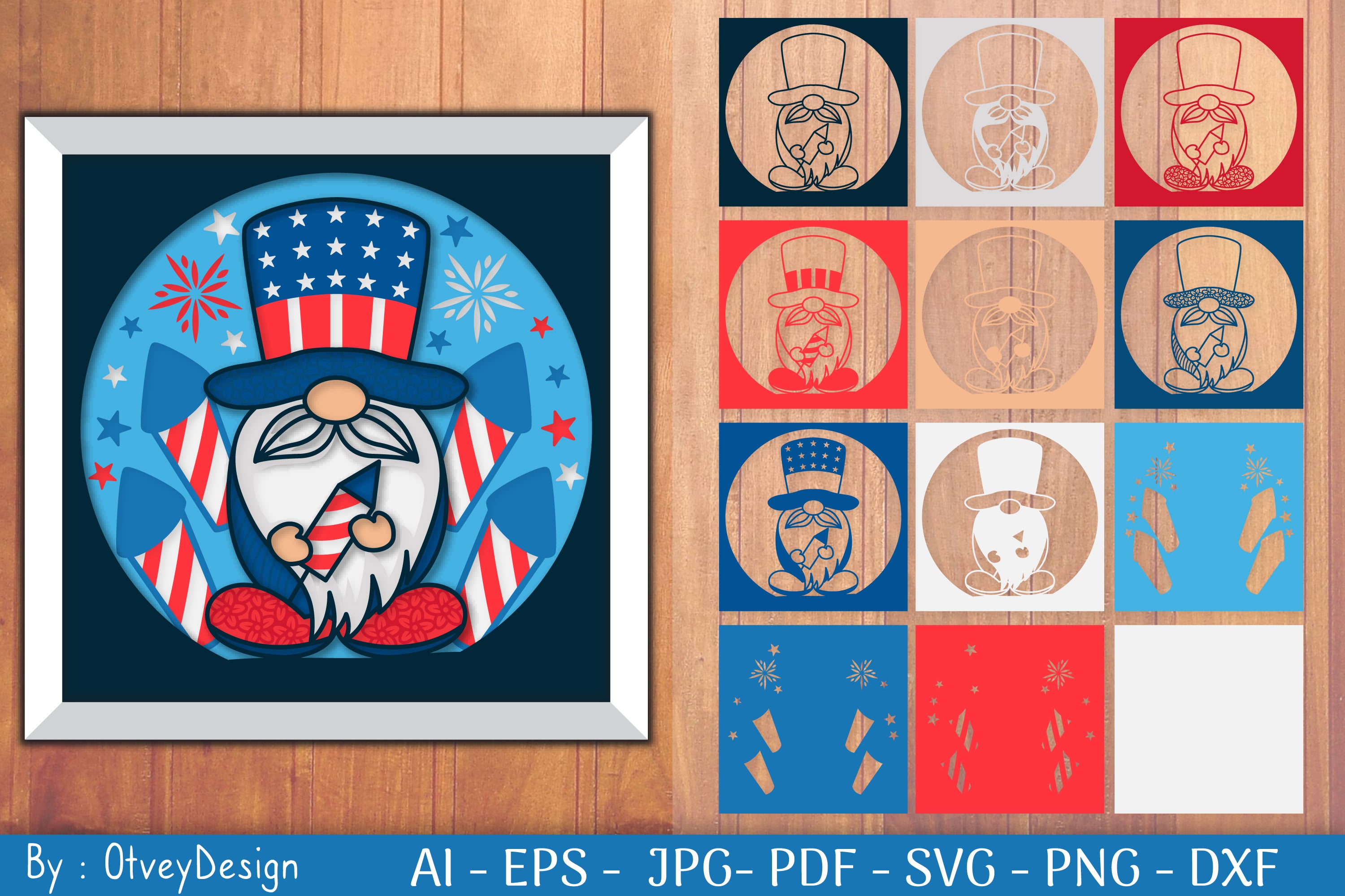 4th of July Patriotic Gnome Shadow Box SVG Bundle
