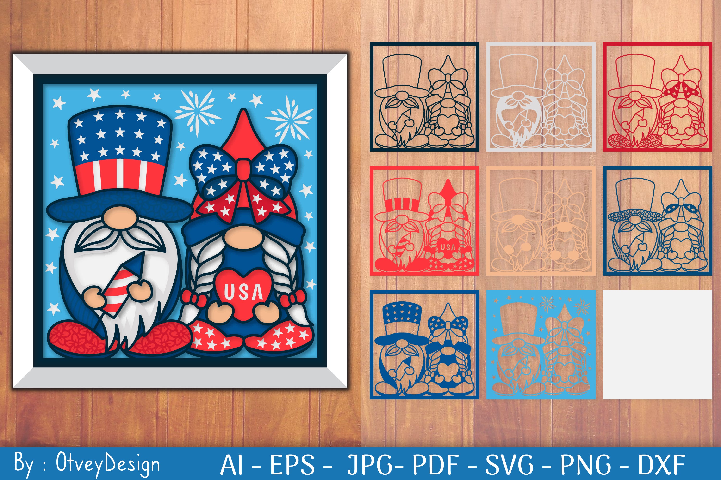 4th of July Patriotic Gnome Shadow Box SVG Bundle