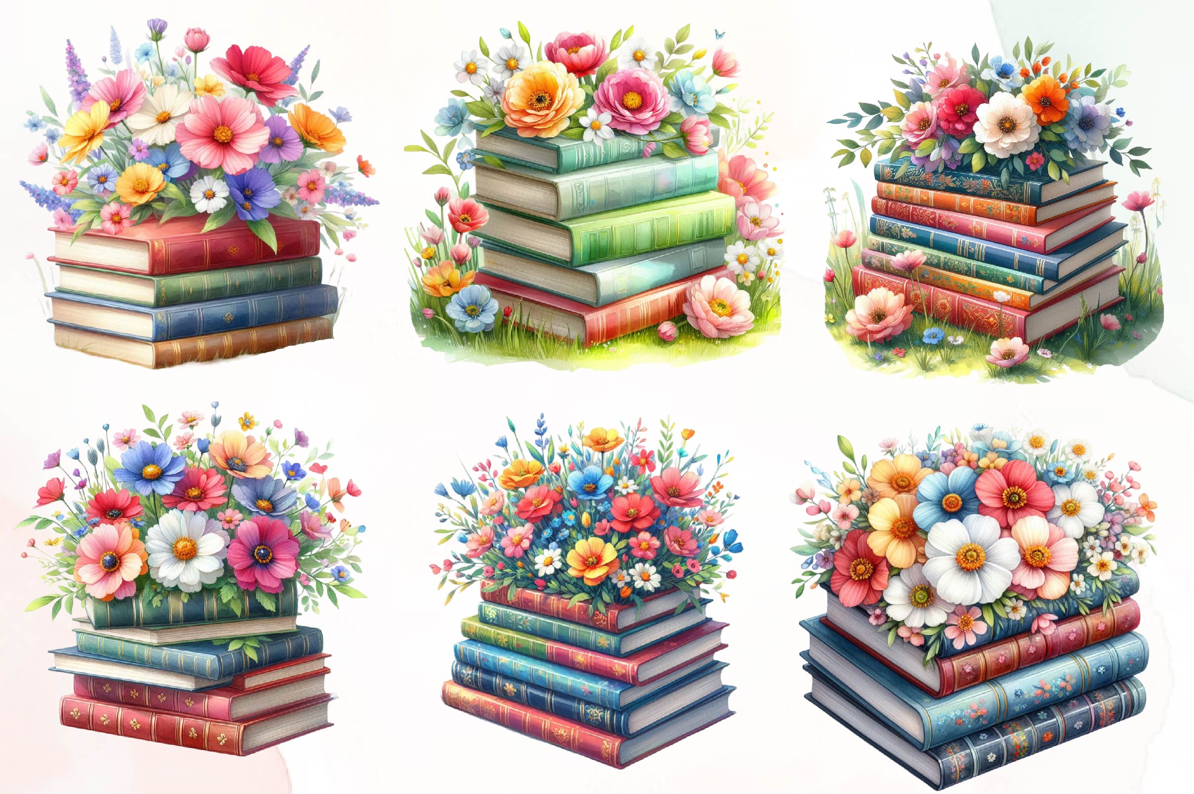 Spring Book Stack Spring Flower Book Stack Clipart Bundle