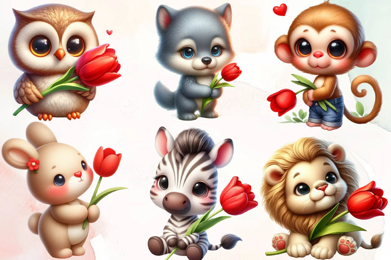 Cute Animals And Tulip Flower Clipart Bundle - CraftNest - Digital Crafting and Art