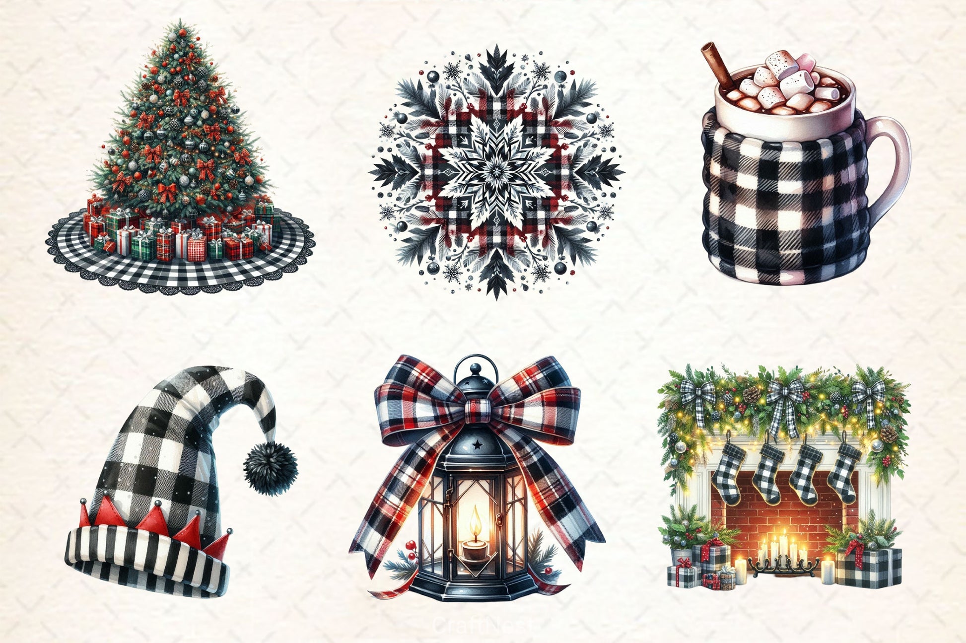Black & White Plaid Christmas Clipart Bundle 2 - CraftNest - Digital Crafting and Art
