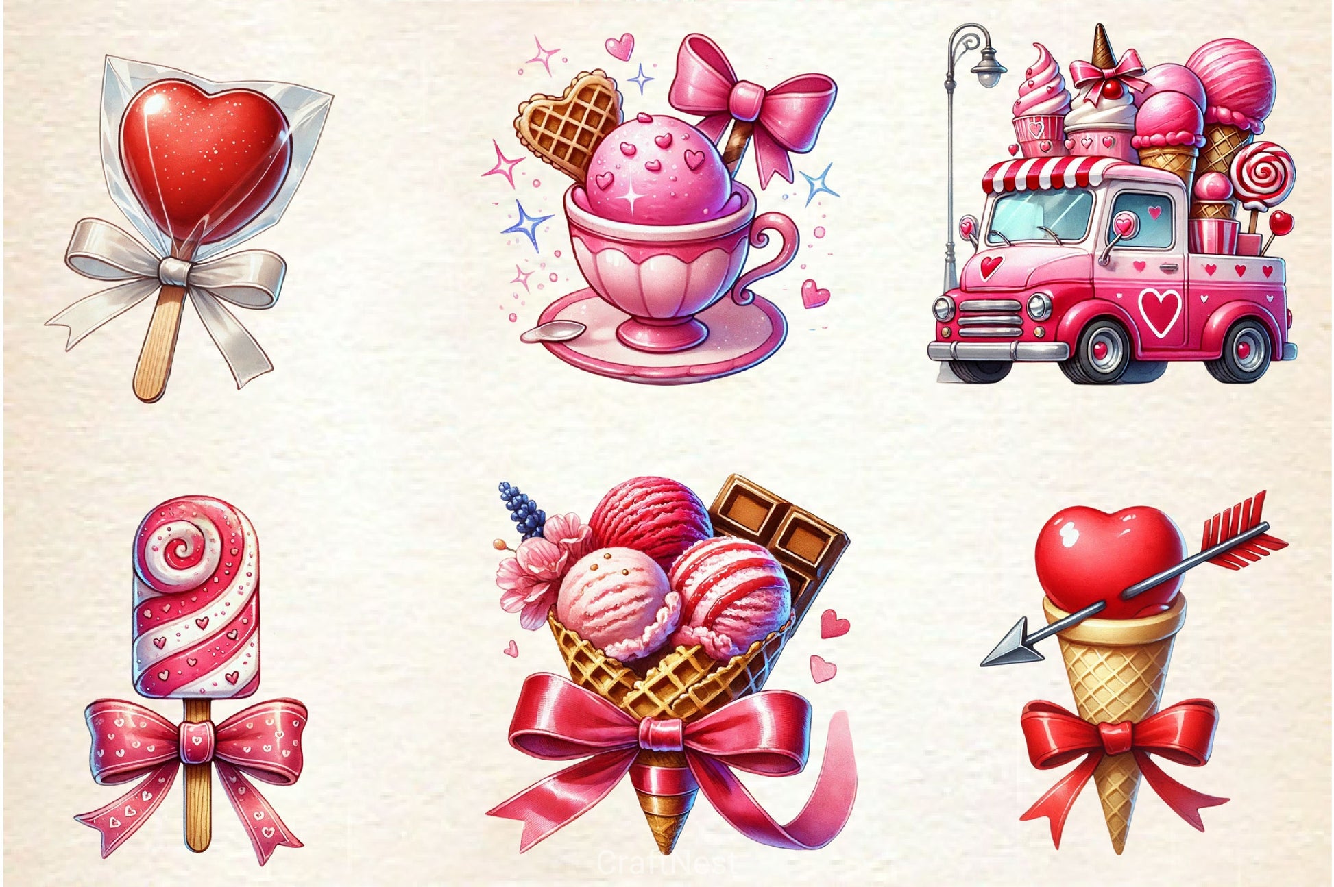 Valentines Ice Cream With Bows Clipart Bundle 2 - CraftNest - Digital Crafting and Art