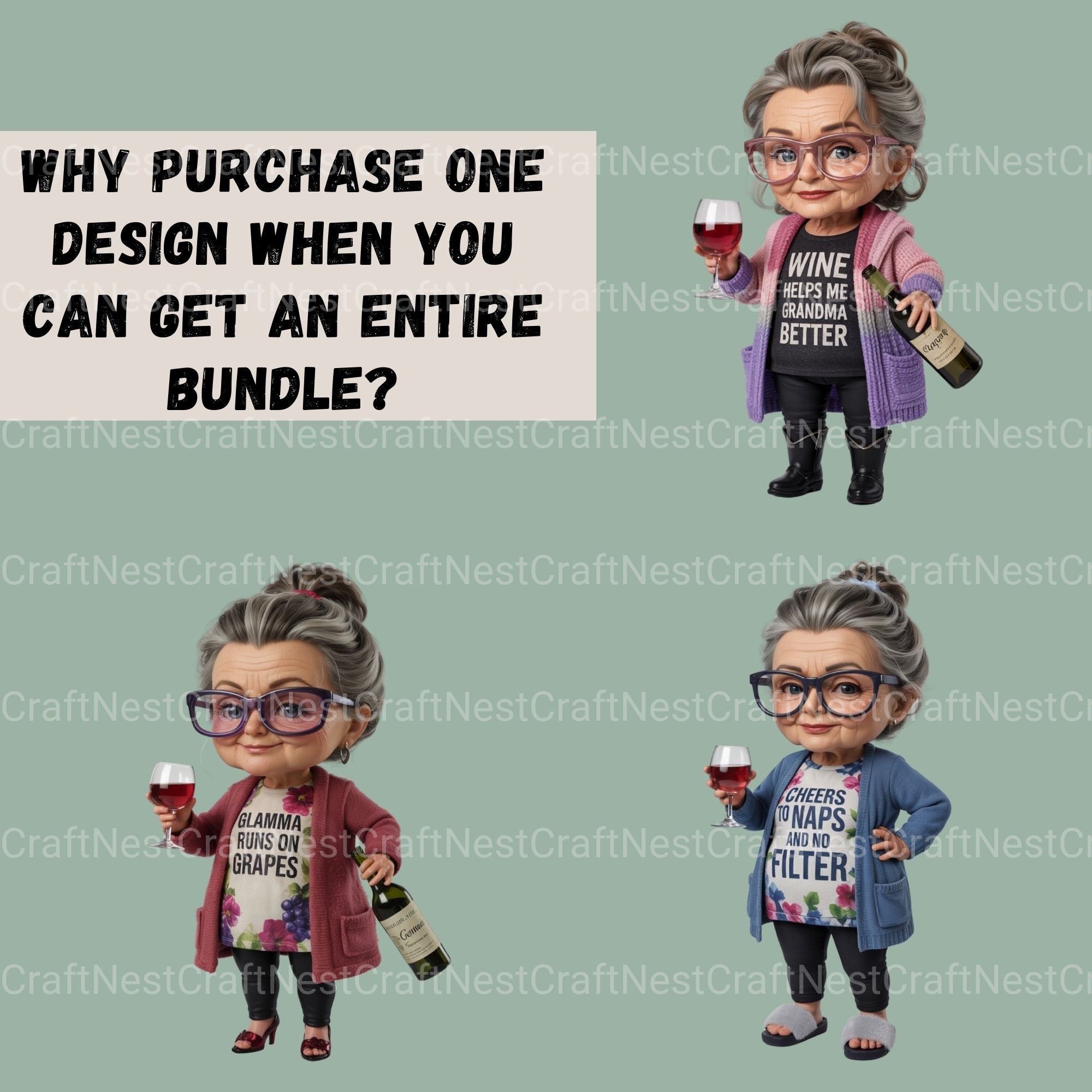 Wine Drinking Granny Clipart Bundle - CraftNest - Digital Crafting and Art