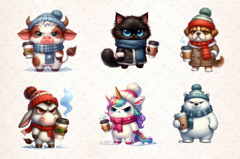 Winter Grumpy Animal Coffee Clipart Bundle 2 - CraftNest - Digital Crafting and Art