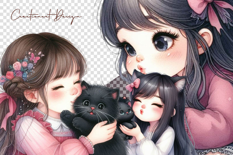 Cute Girl & Cat Clipart Bundle - CraftNest - Digital Crafting and Art