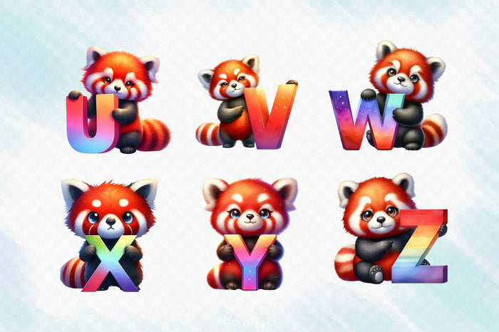 Cute Red Panda Alphabet Clipart Bundle