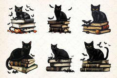 Halloween Black Cat On Books Clipart Bundle 2 - CraftNest - Digital Crafting and Art