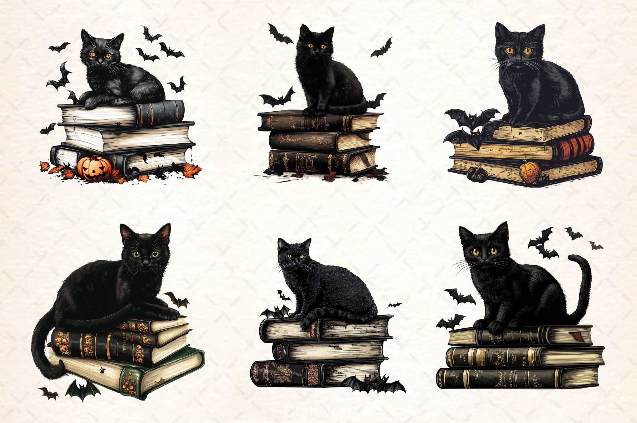 Halloween Black Cat On Books Clipart Bundle 2 - CraftNest - Digital Crafting and Art