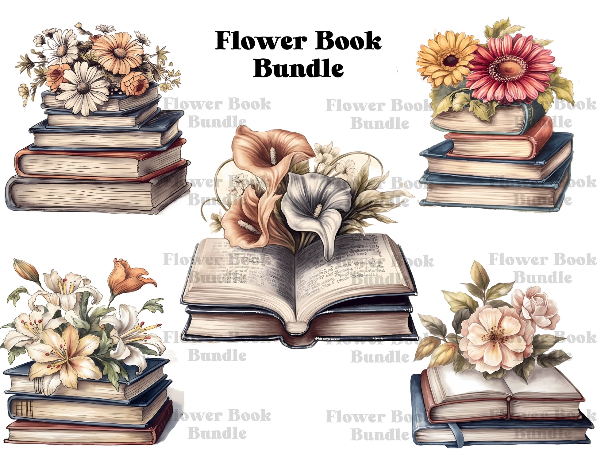 Flower Books Regular Bundle Clipart - CraftNest