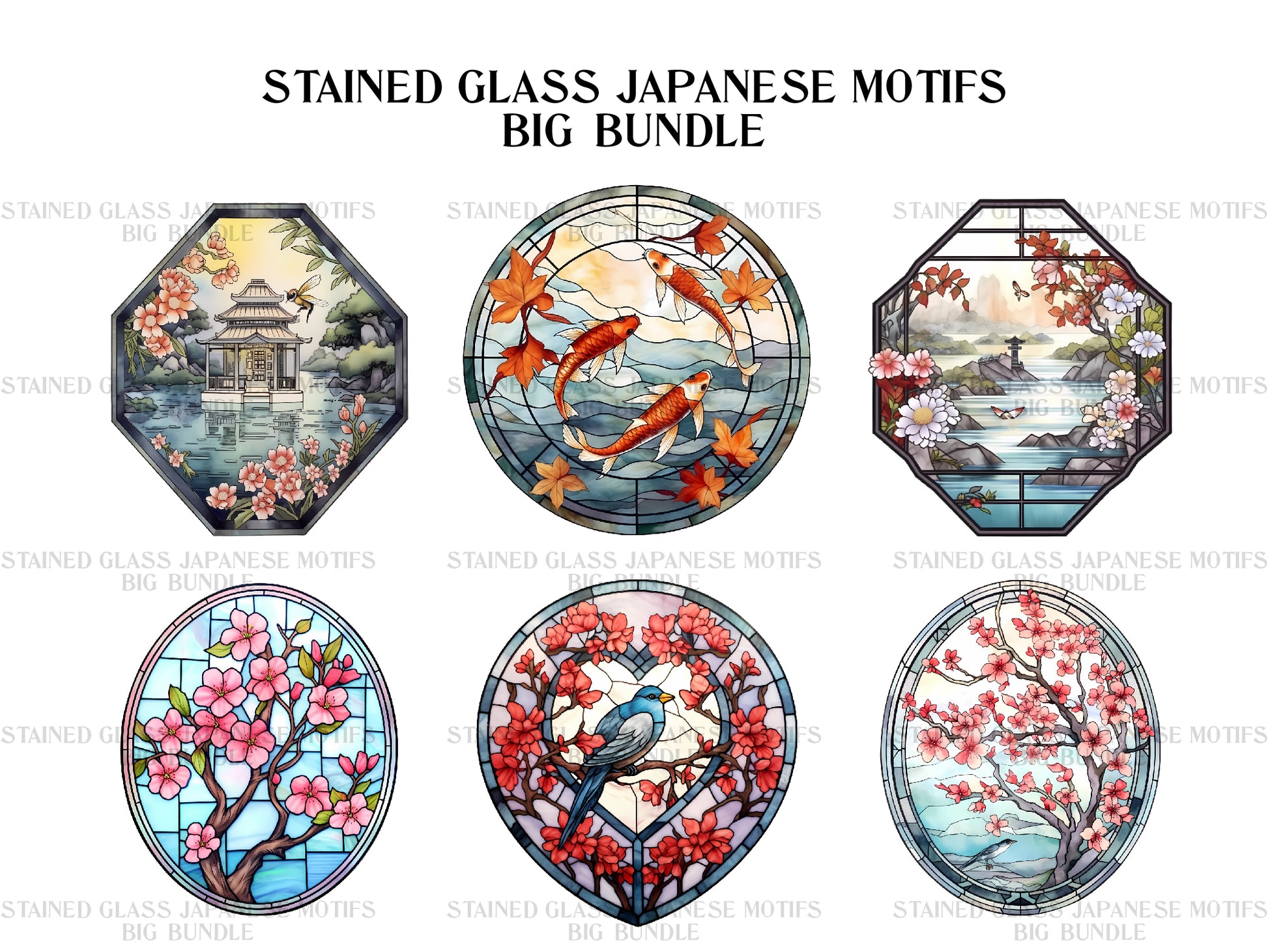 Stained Glass Japanese Motifs Clipart - CraftNest