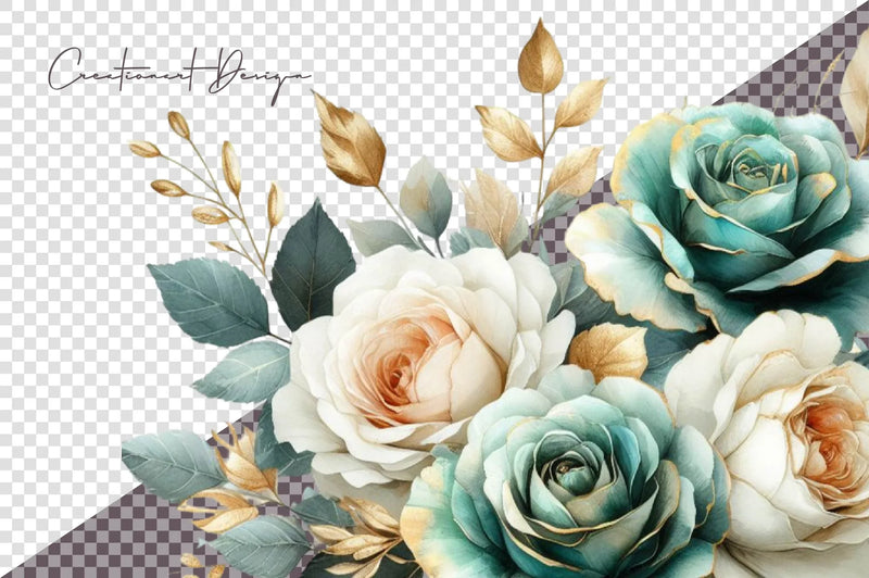 Teal And Gold Roses Clipart Bundle - CraftNest - Digital Crafting and Art