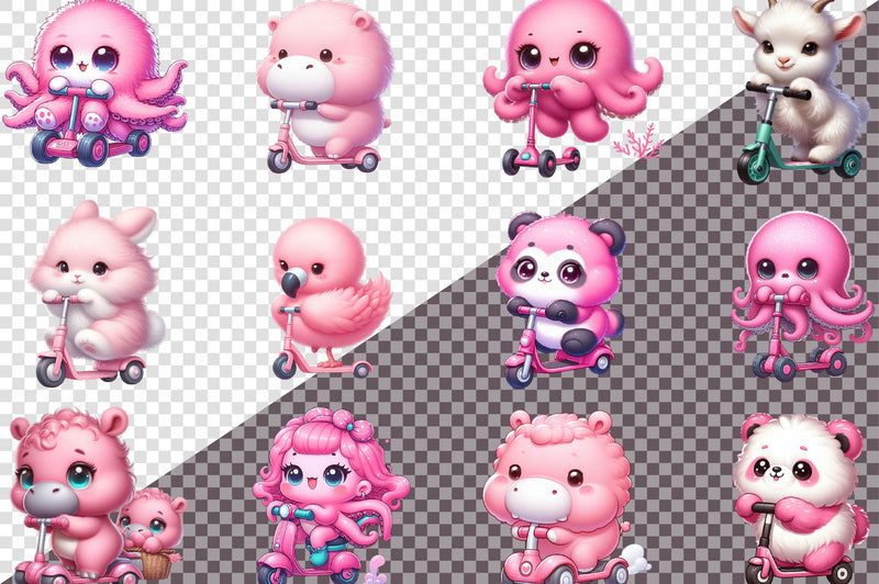 Cute Animals In Pink Scooter Clipart Bundle - CraftNest - Digital Crafting and Art