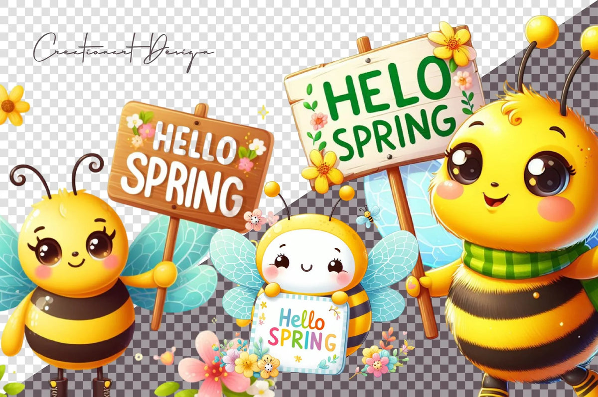 Bee Happy Spring Sign Hello Spring Bees Clipart Bundle