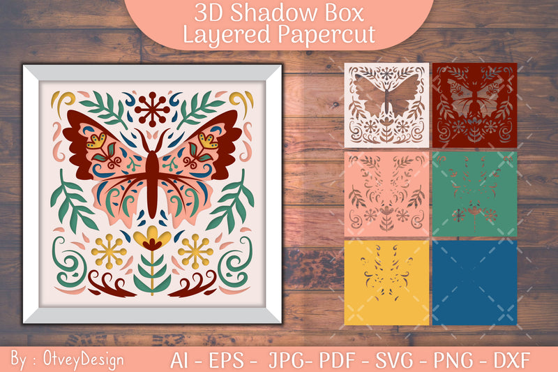 Butterfly Folk Art 3D Shadow Box SVG Bundle 6 - CraftNest - Digital Crafting and Art