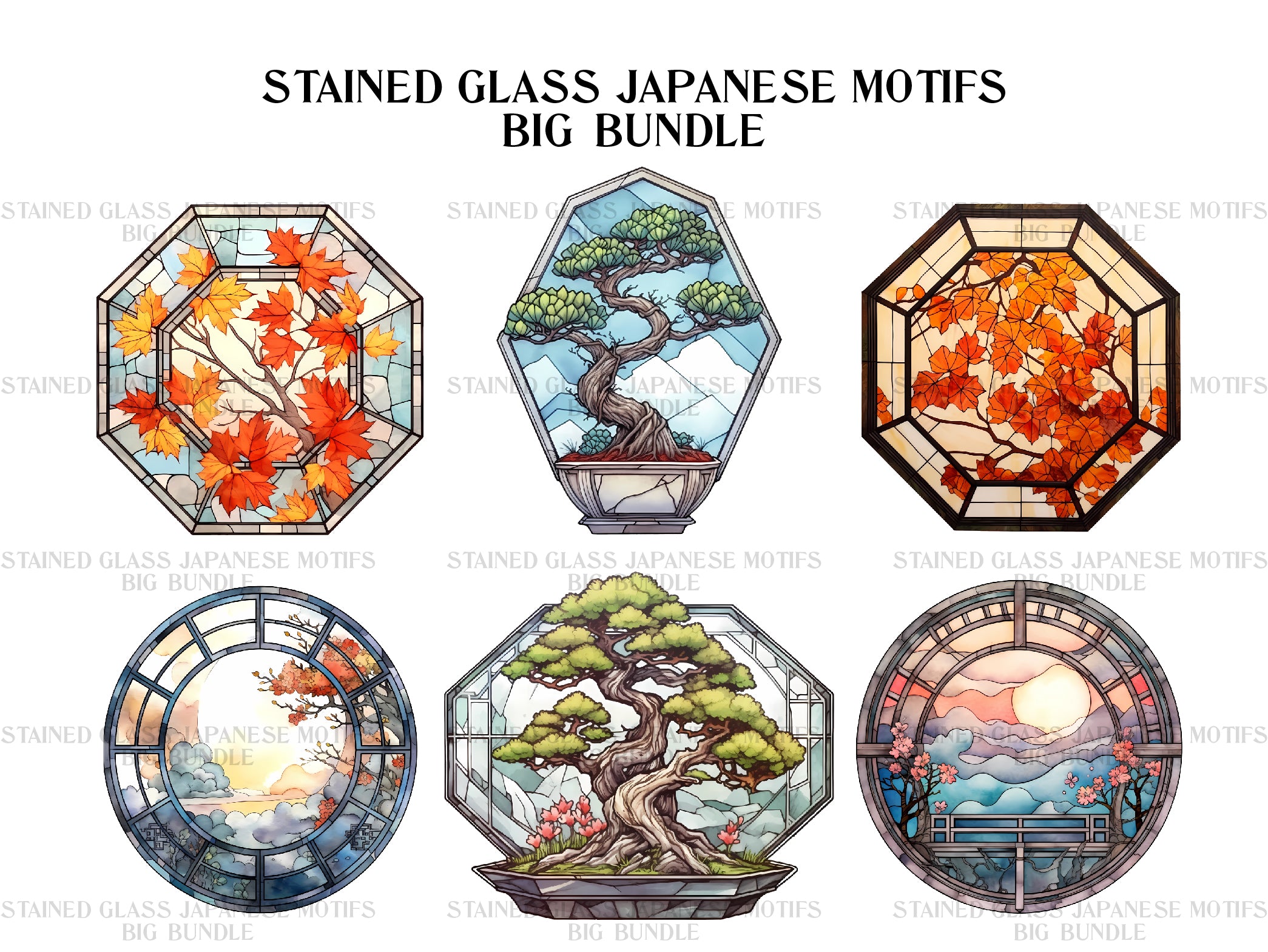 Stained Glass Japanese Motifs Clipart - CraftNest