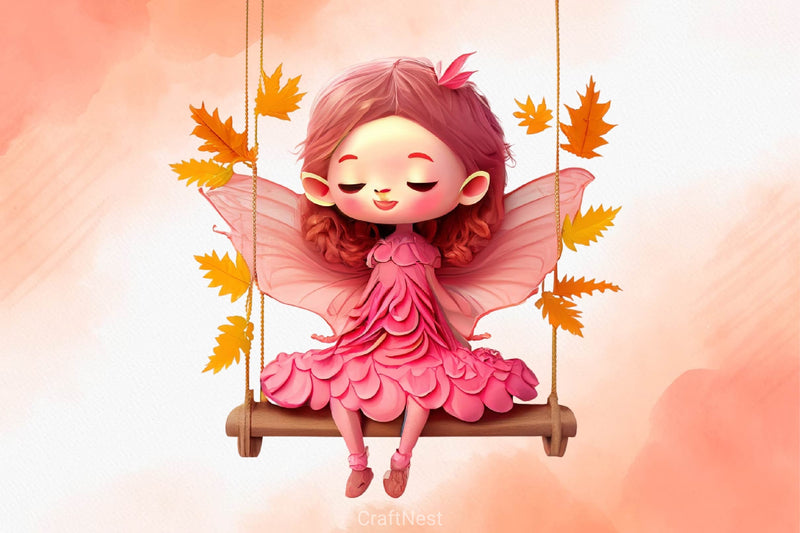 Pink Cute Autumn Fairy With Swing Clipart Bundle - CraftNest - Digital Crafting and Art
