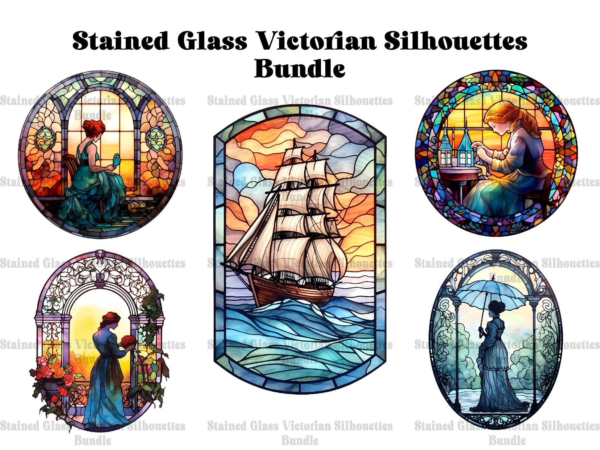 Stained Glass Victorian Silhouettes Clipart - CraftNest