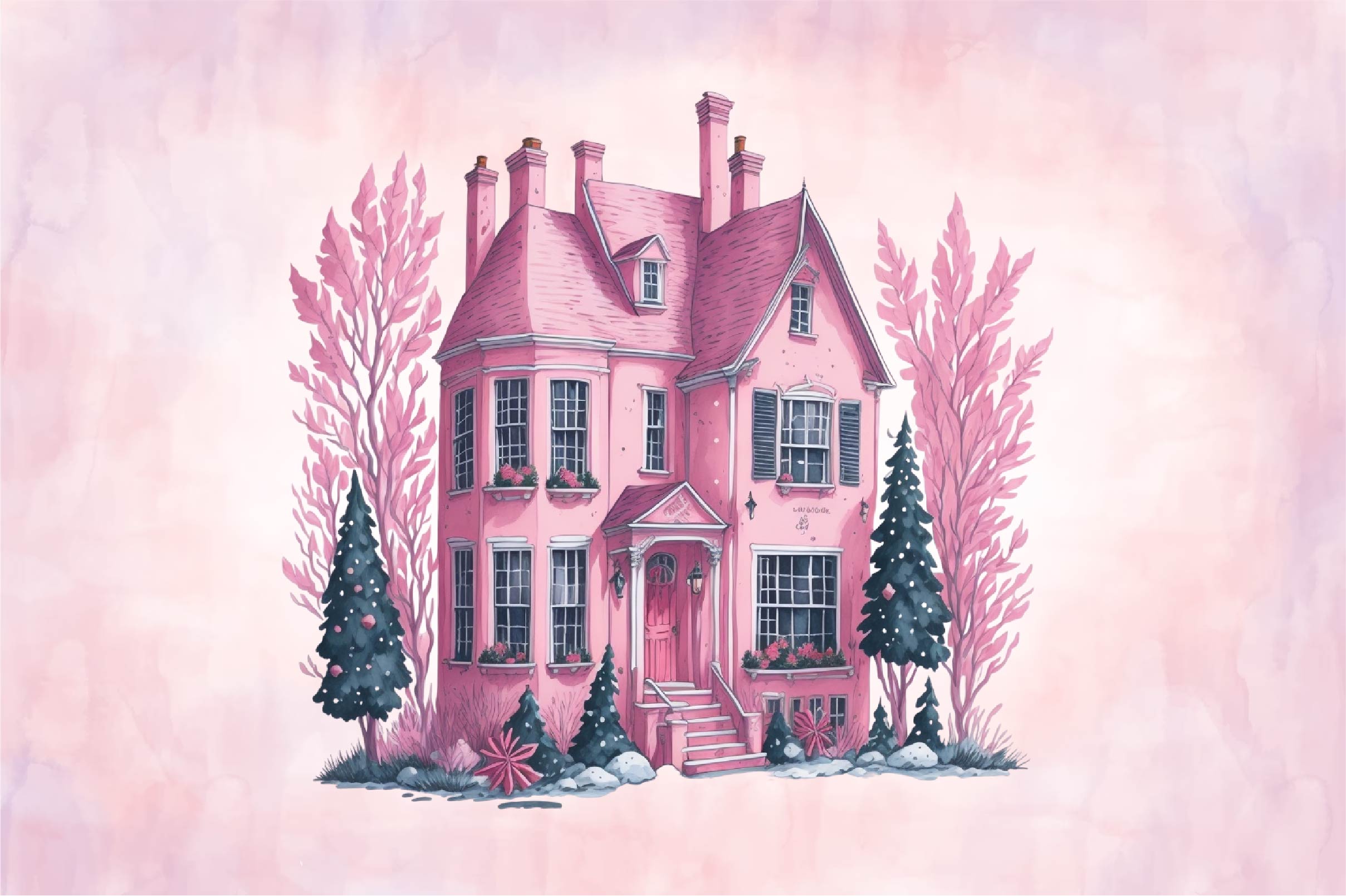 Pink Christmas House Clipart Bundle - CraftNest - Digital Crafting and Art