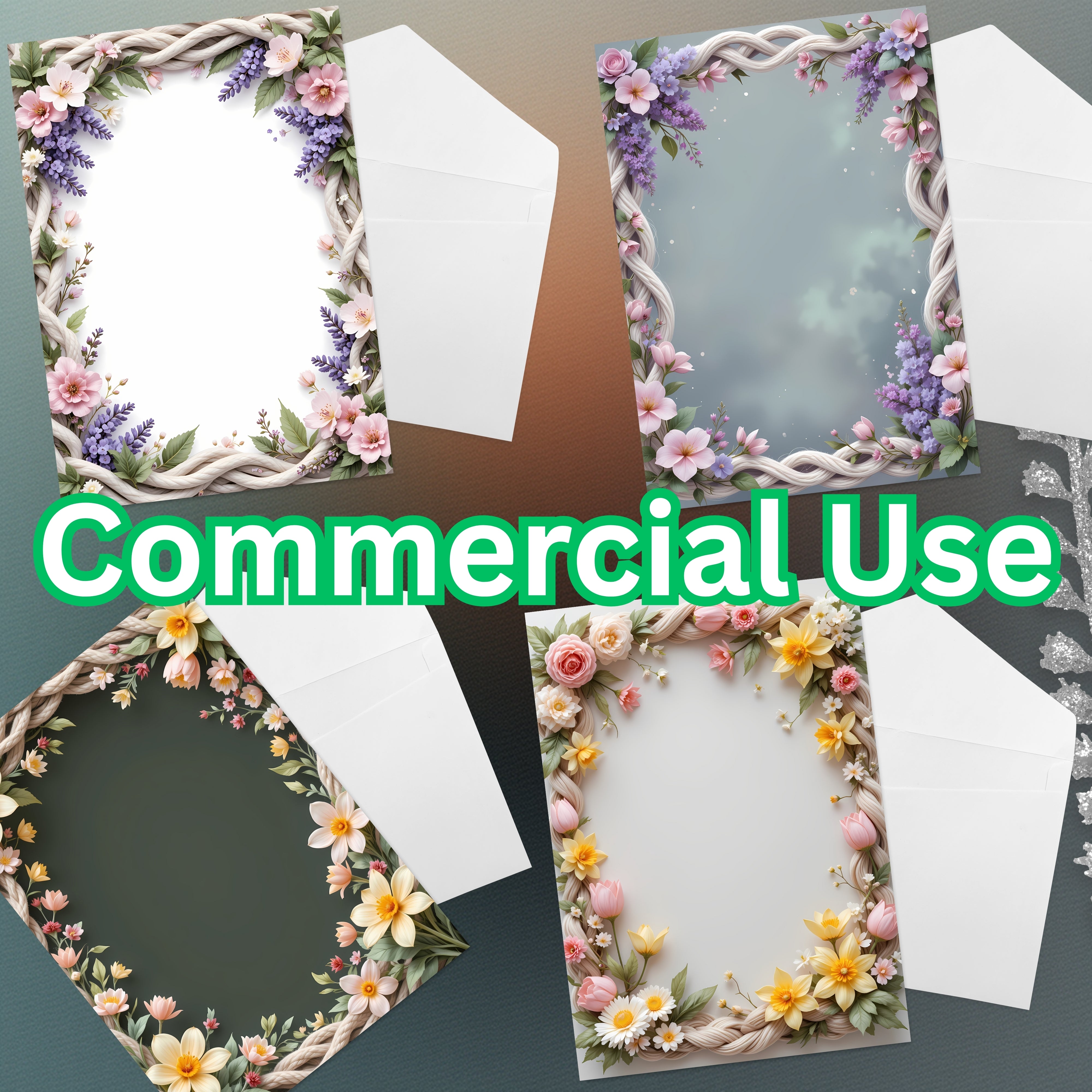 Spring Boho Faux Yarn Floral Borders Clipart Bundle