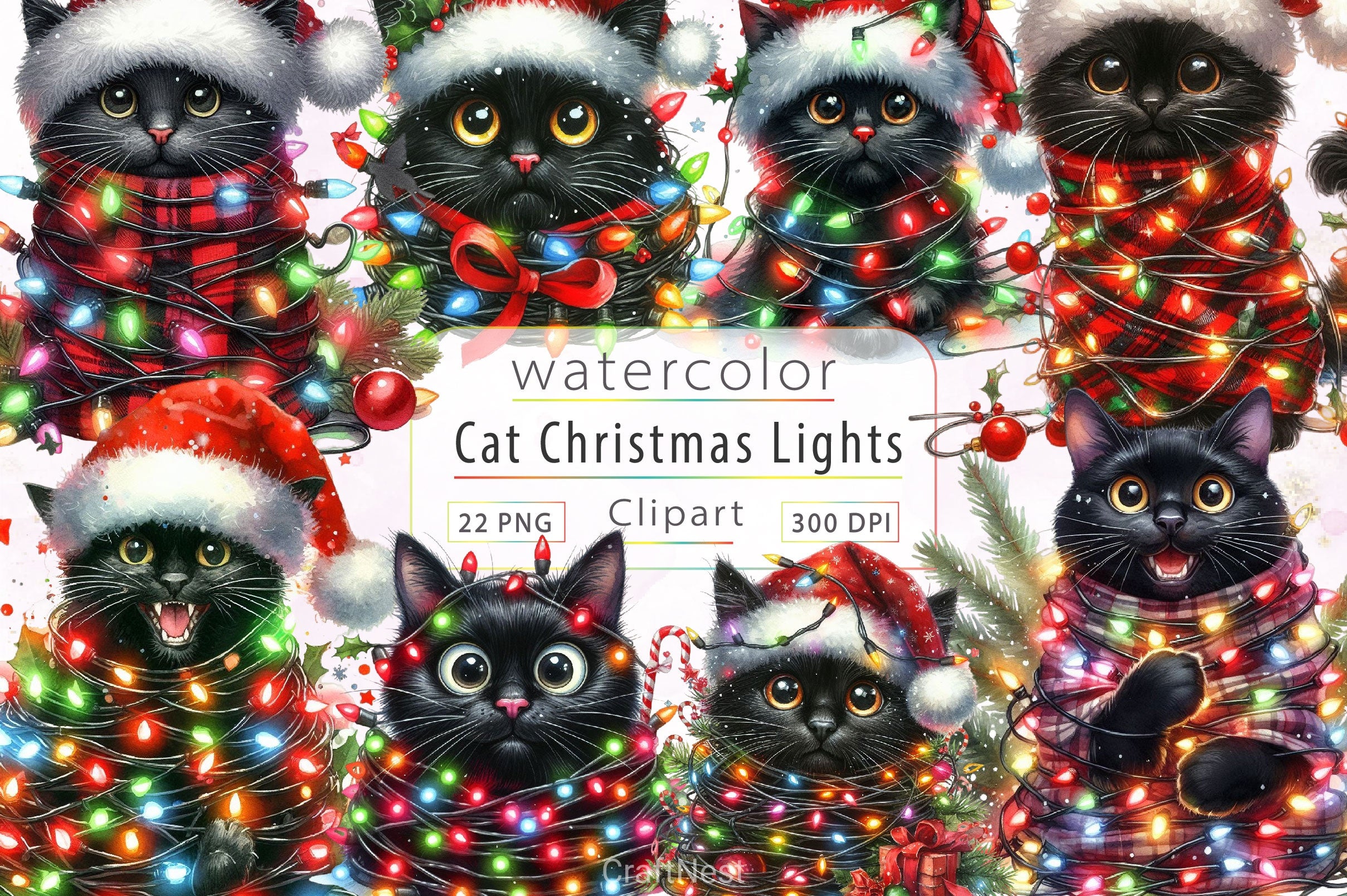 Black Cat Wrapped In Christmas Lights Clipart Bundle - CraftNest - Digital Crafting and Art