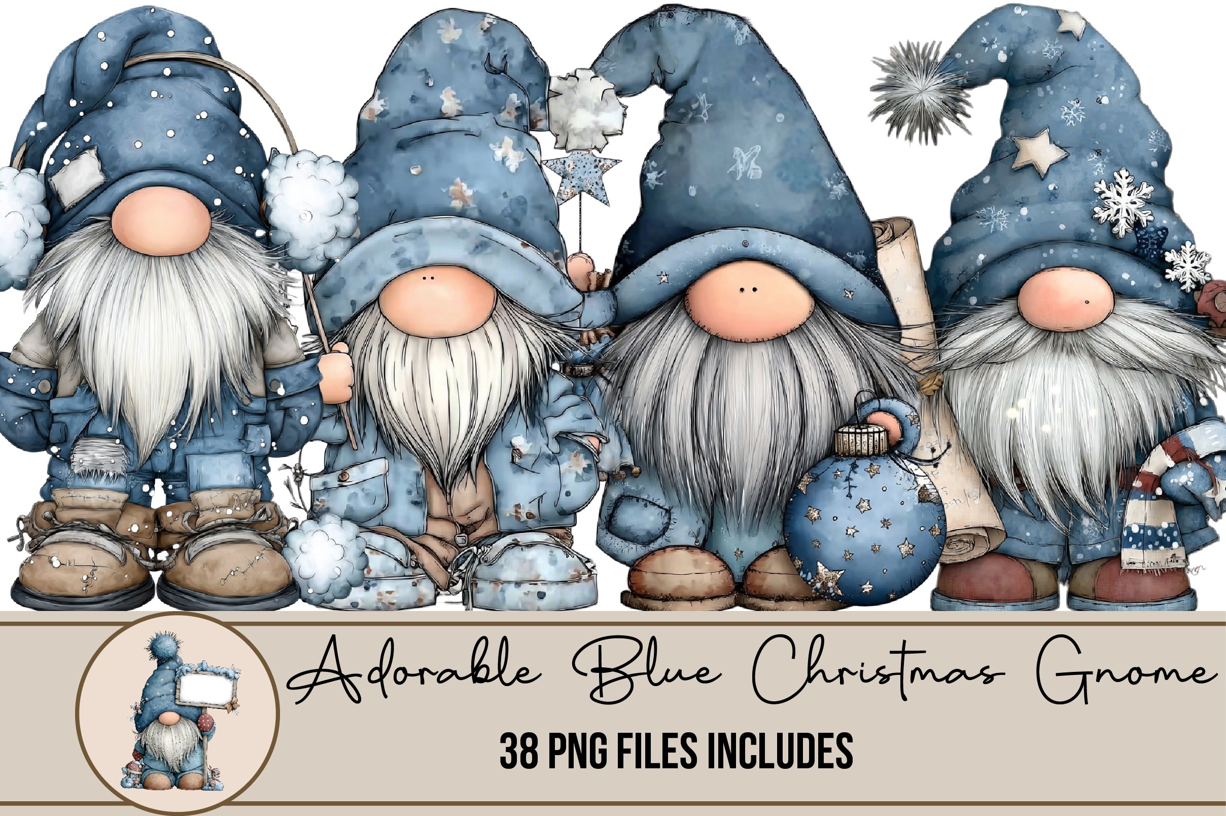 Adorable Blue Christmas Gnome Clipart Bundle
