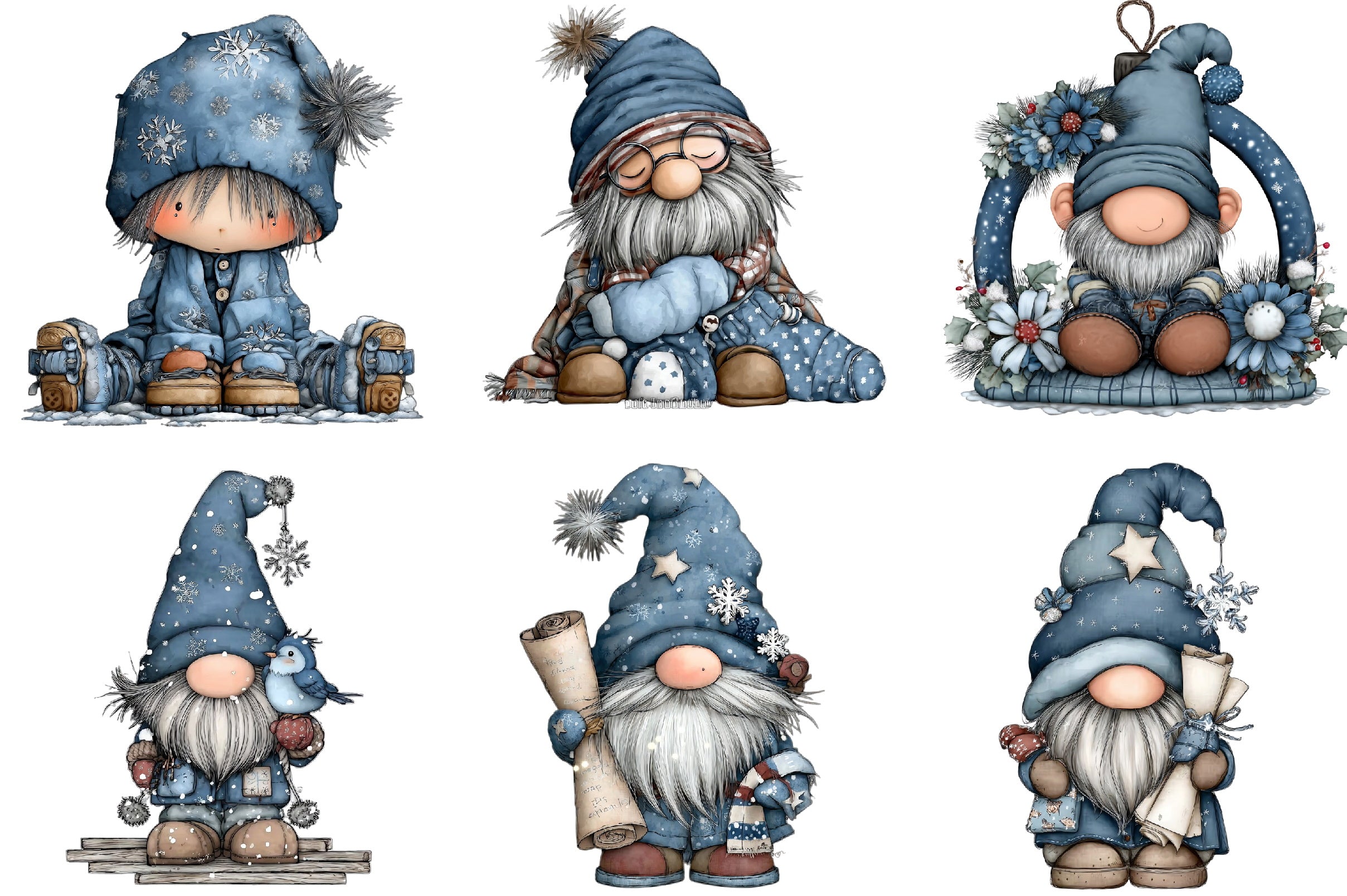 Adorable Blue Christmas Gnome Clipart Bundle