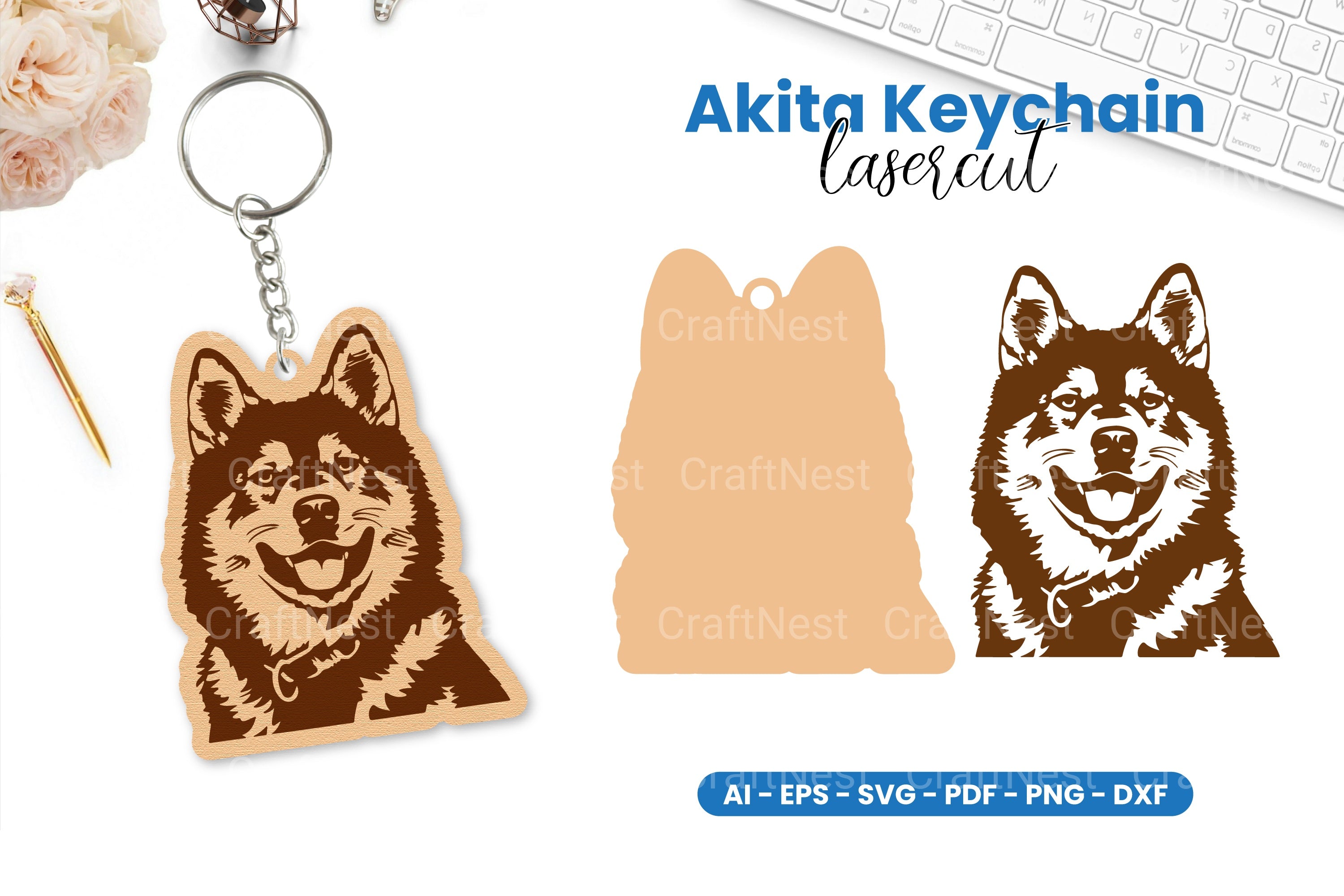 Akita Keychain Lasercut SVG Clipart Bundle
