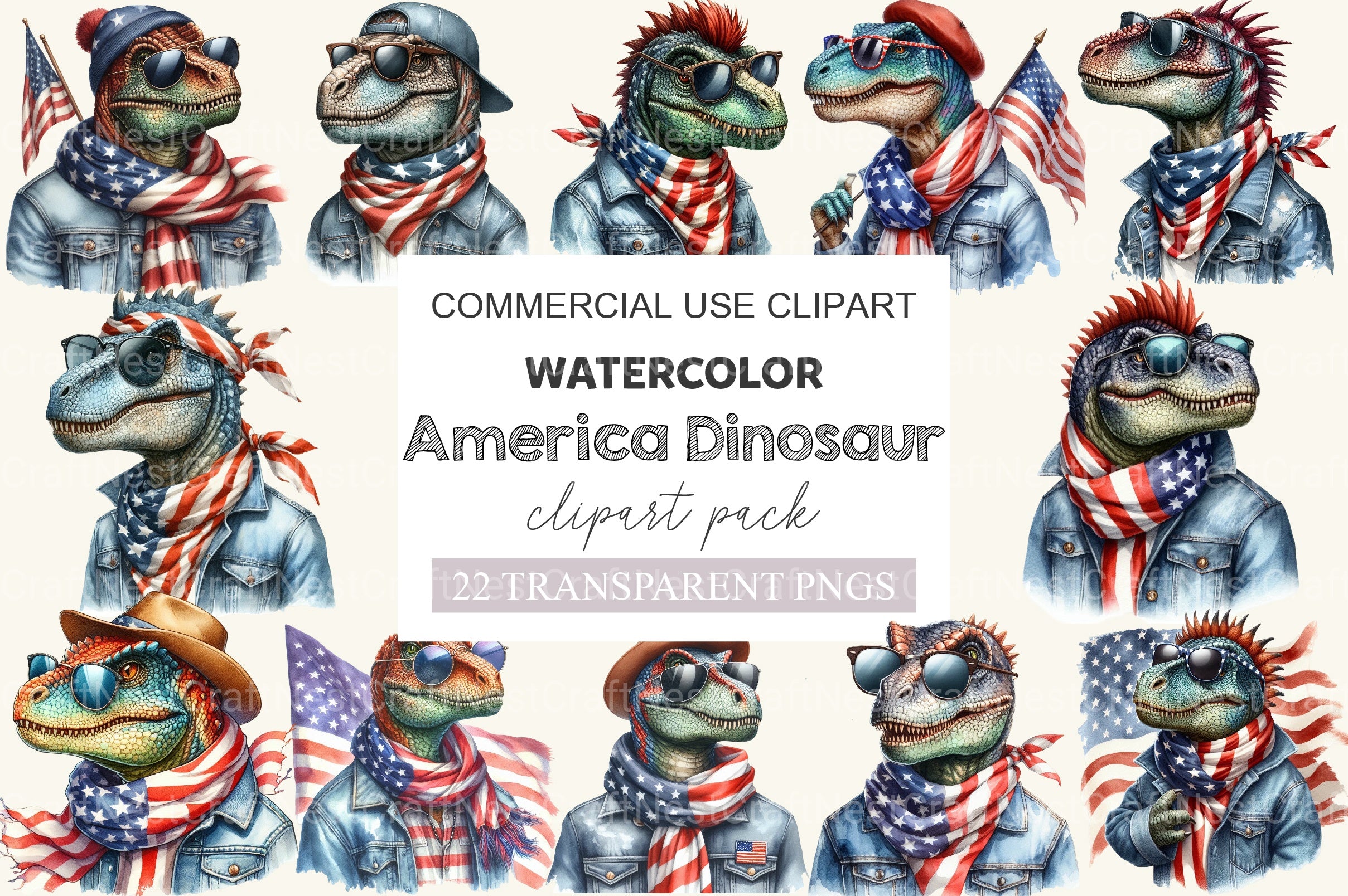 America Dinosaur 4th Of July Clipart Bundle - CraftNest - Digital Crafting and Art
