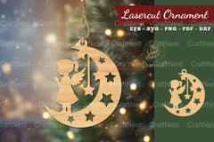 Angel Kids in Moon Lasercut Ornament SVG Clipart - CraftNest - Digital Crafting and Art