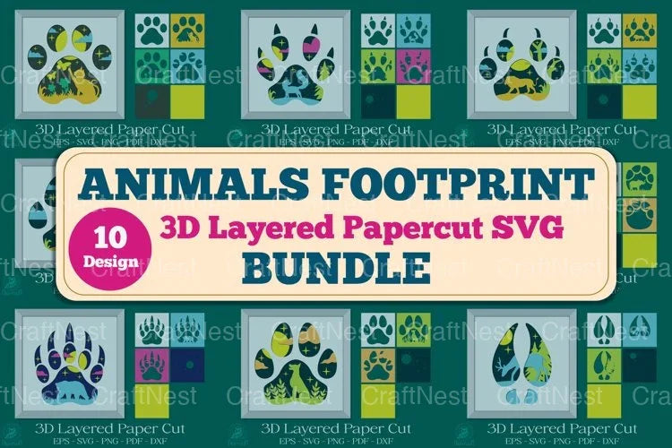 Animals Footprint 3D Layered Papercut Clipart Bundle - CraftNest - Digital Crafting and Art