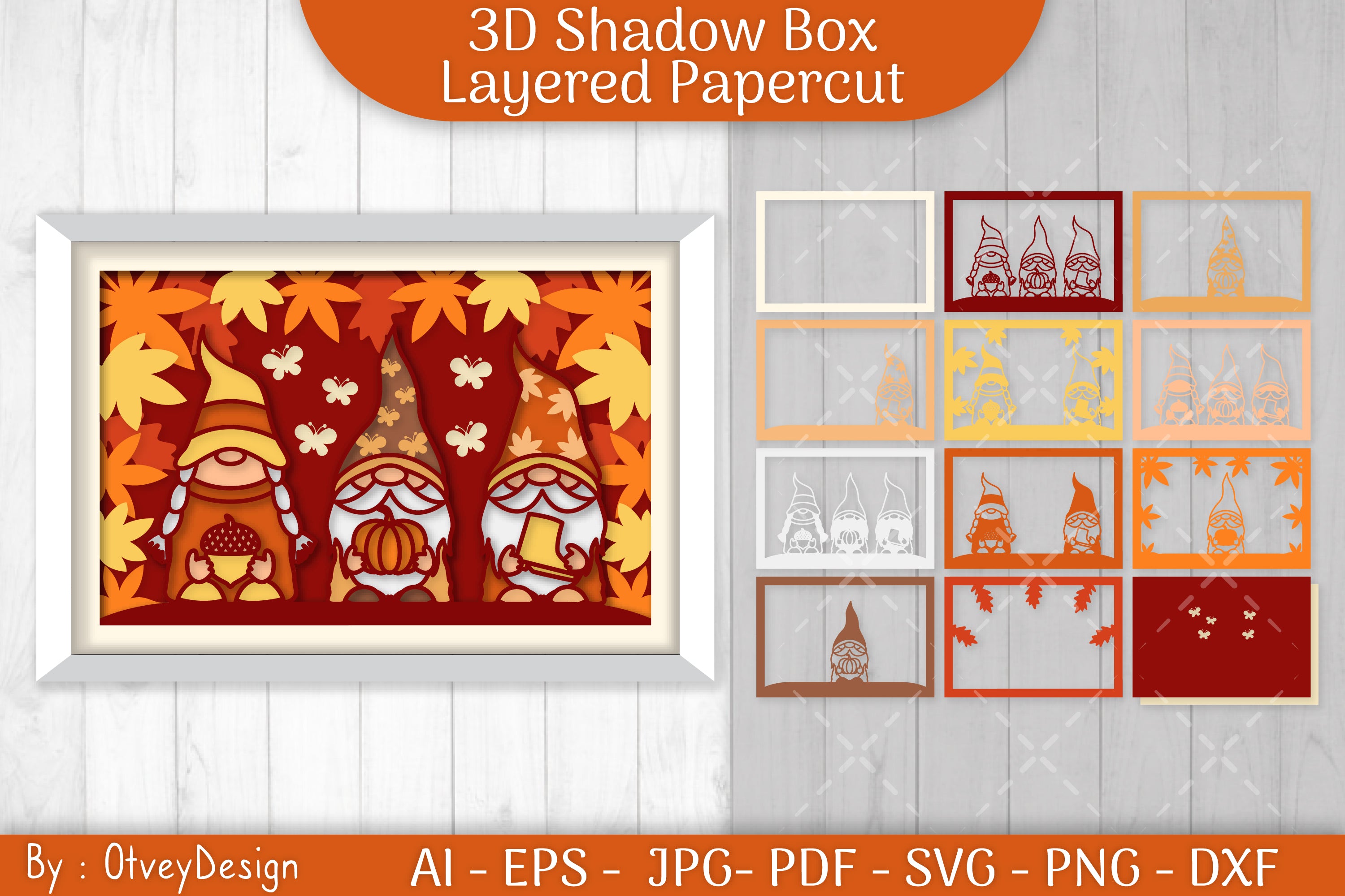 Autumn Gnome 3D Shadowbox Papercut SVG Bundle