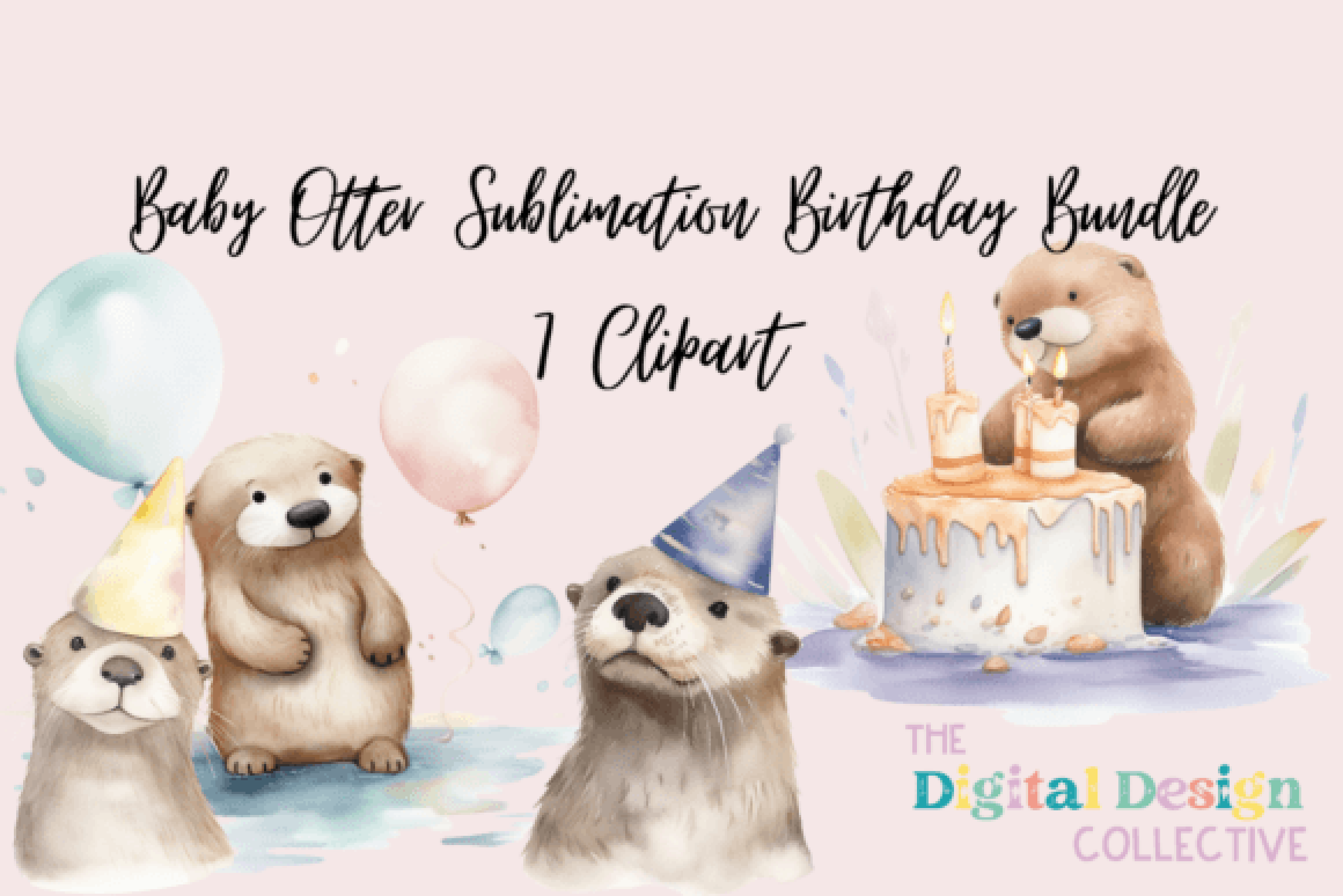 Adorable Baby Otter Birthday Clipart Bundle