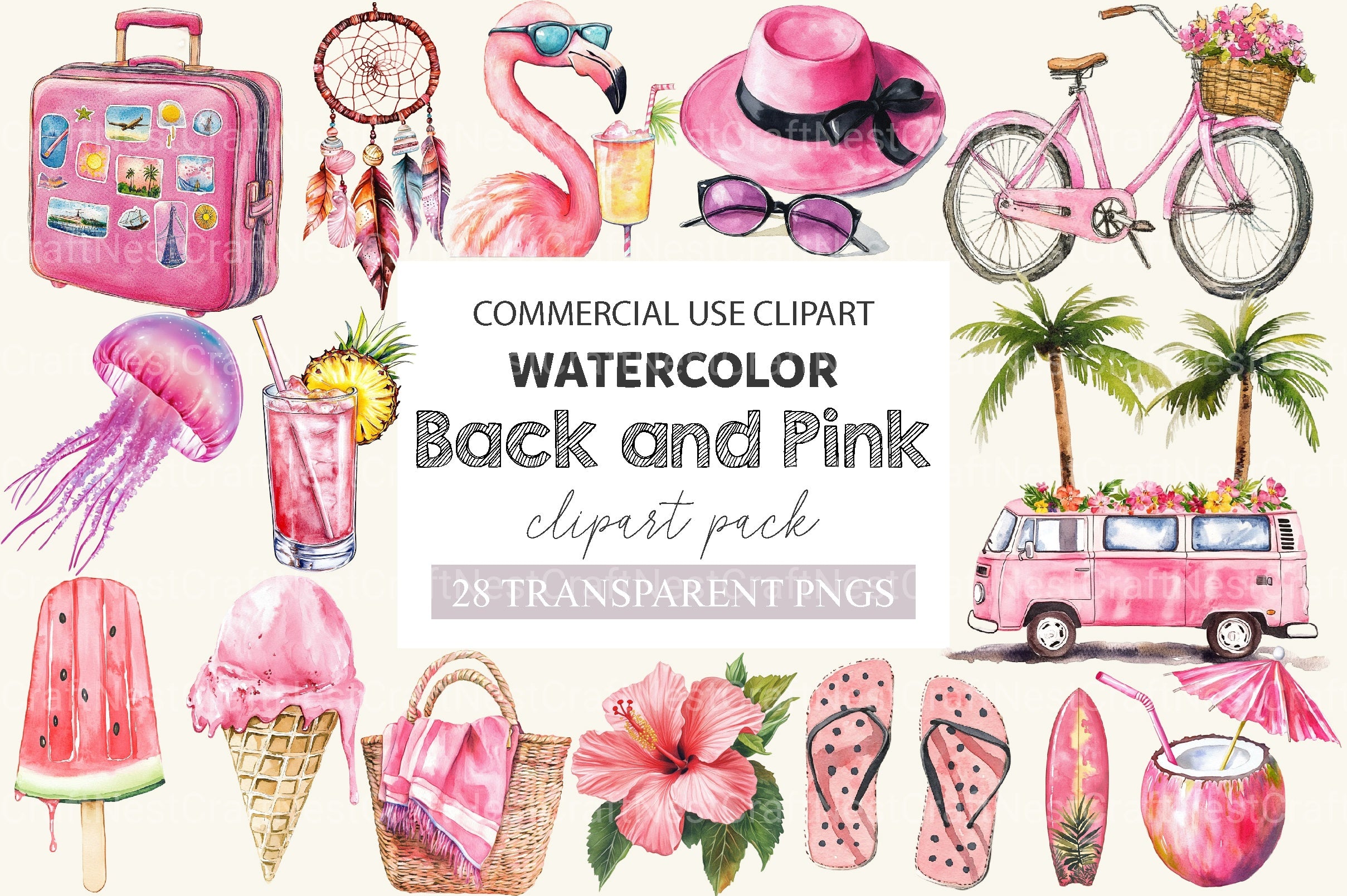 Black And Pink Summer Clipart Bundle - CraftNest - Digital Crafting and Art