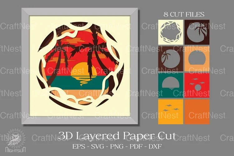 Beach 3D Shadow Box Paper Cut Design Bundle - CraftNest - Digital Crafting and Art