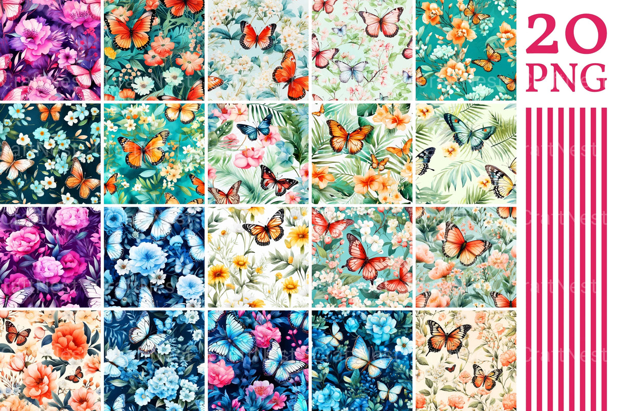 Flower Butterfly Pattern Beautiful Floral Butterfly Pattern Clipart Bundle